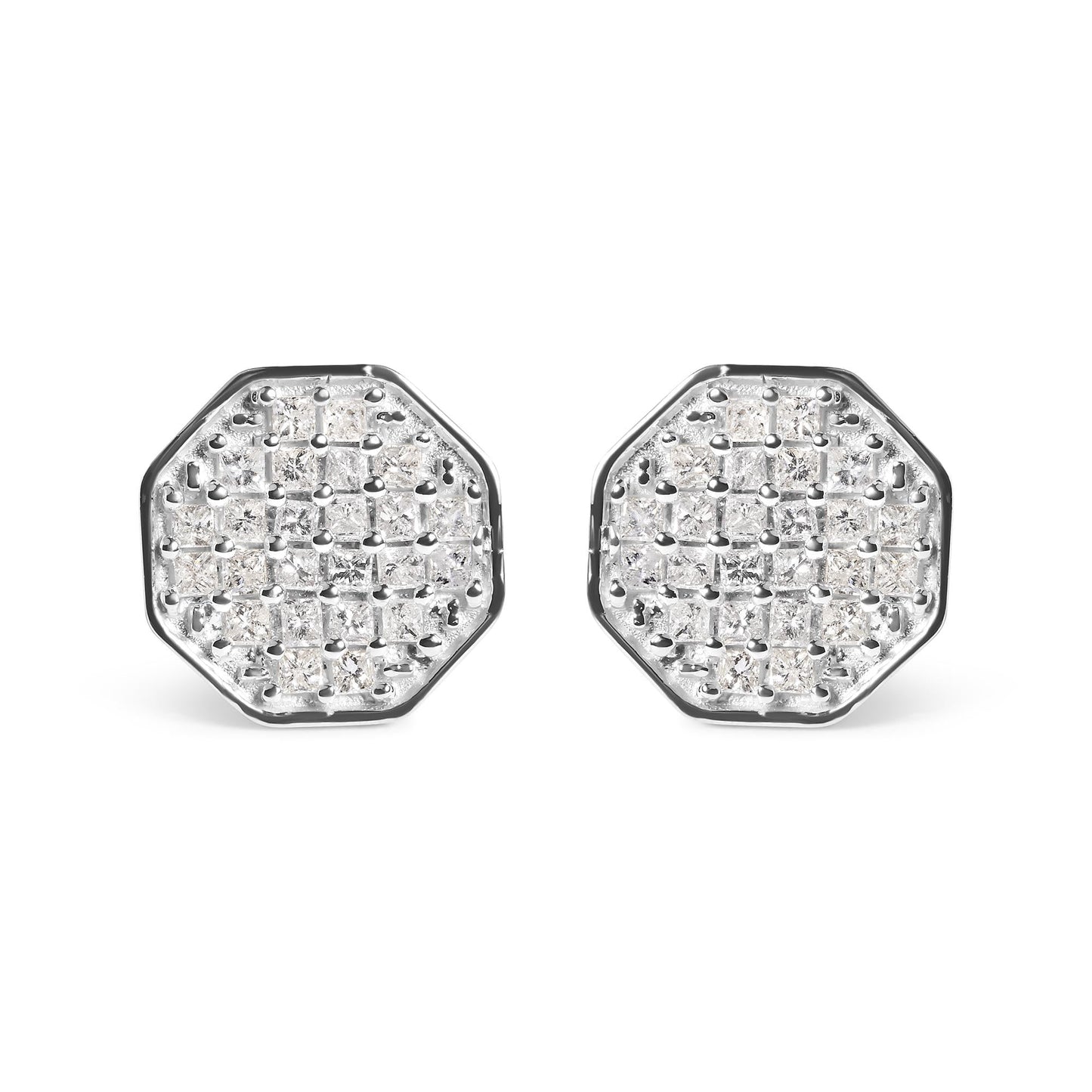 10K White Gold 7/8 Cttw Princess Diamond Composite Octagon Shaped Stud Earrings