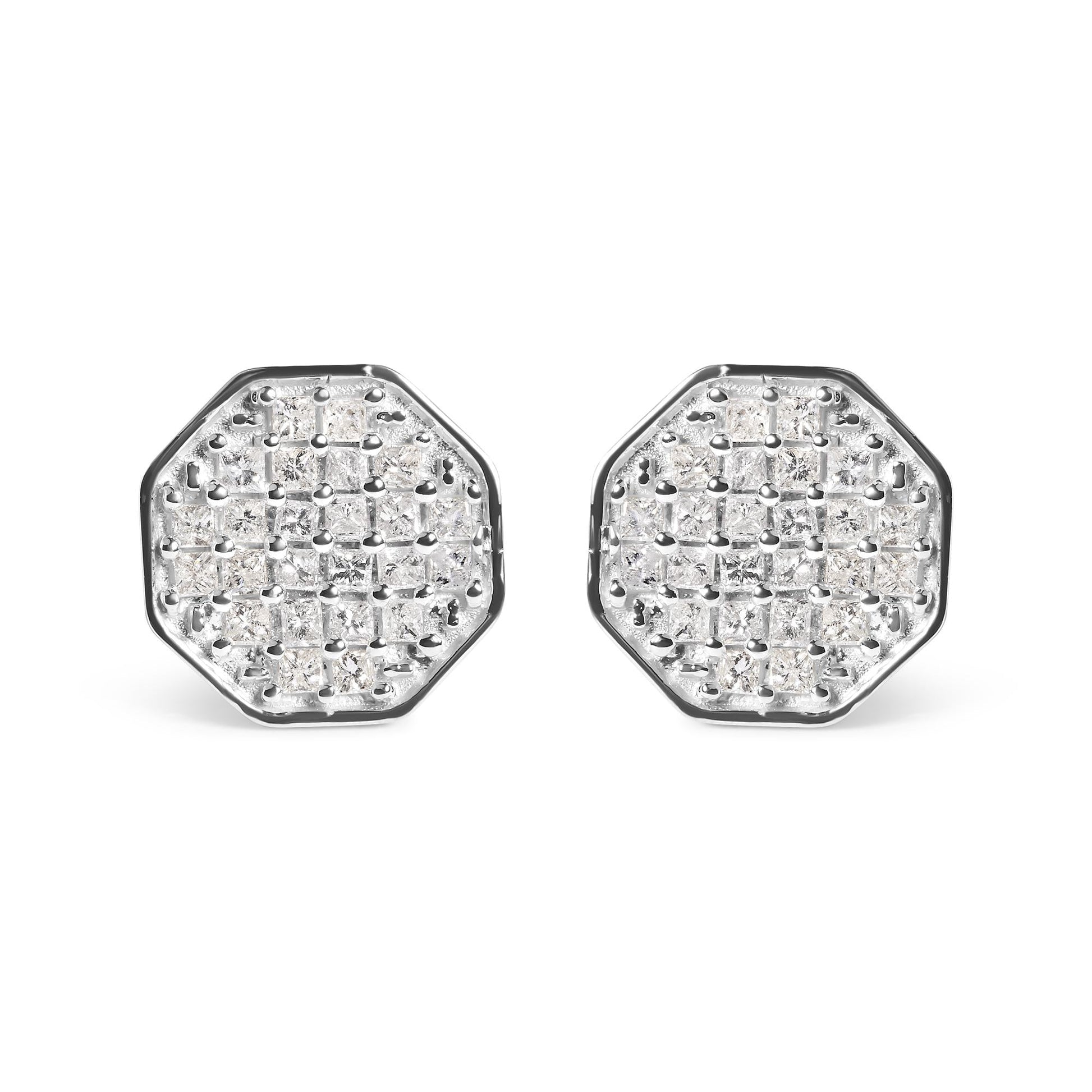 10K White Gold 7/8 Cttw Princess Diamond Composite Octagon Shaped Stud Earrings