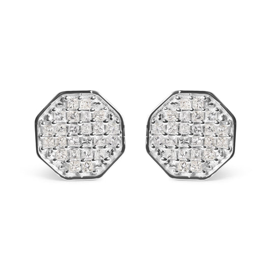 10K White Gold 7/8 Cttw Princess Diamond Composite Octagon Shaped Stud Earrings