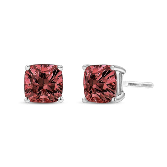 14K White Gold Lab Grown Pink Cushion 4-Prong Set Classic Diamond Solitaire Stud Earrings (Pink Color, VS1-VS2 Clarity)