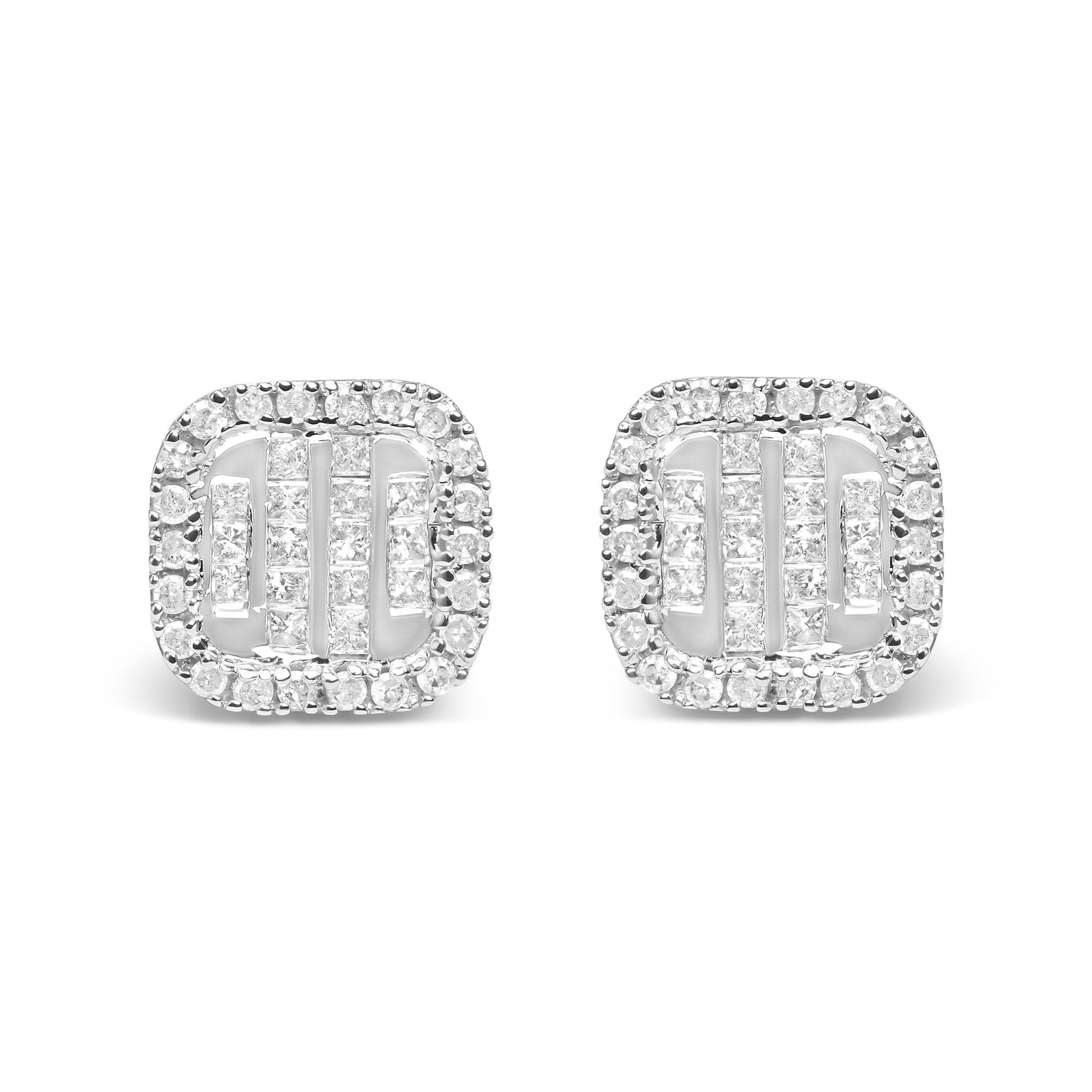 10K White Gold 7/8 Cttw Diamond Princess Composite and Halo Stud Earrings (I-J