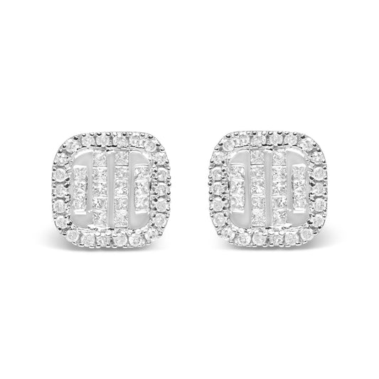 10K White Gold 7/8 Cttw Diamond Princess Composite and Halo Stud Earrings (I-J