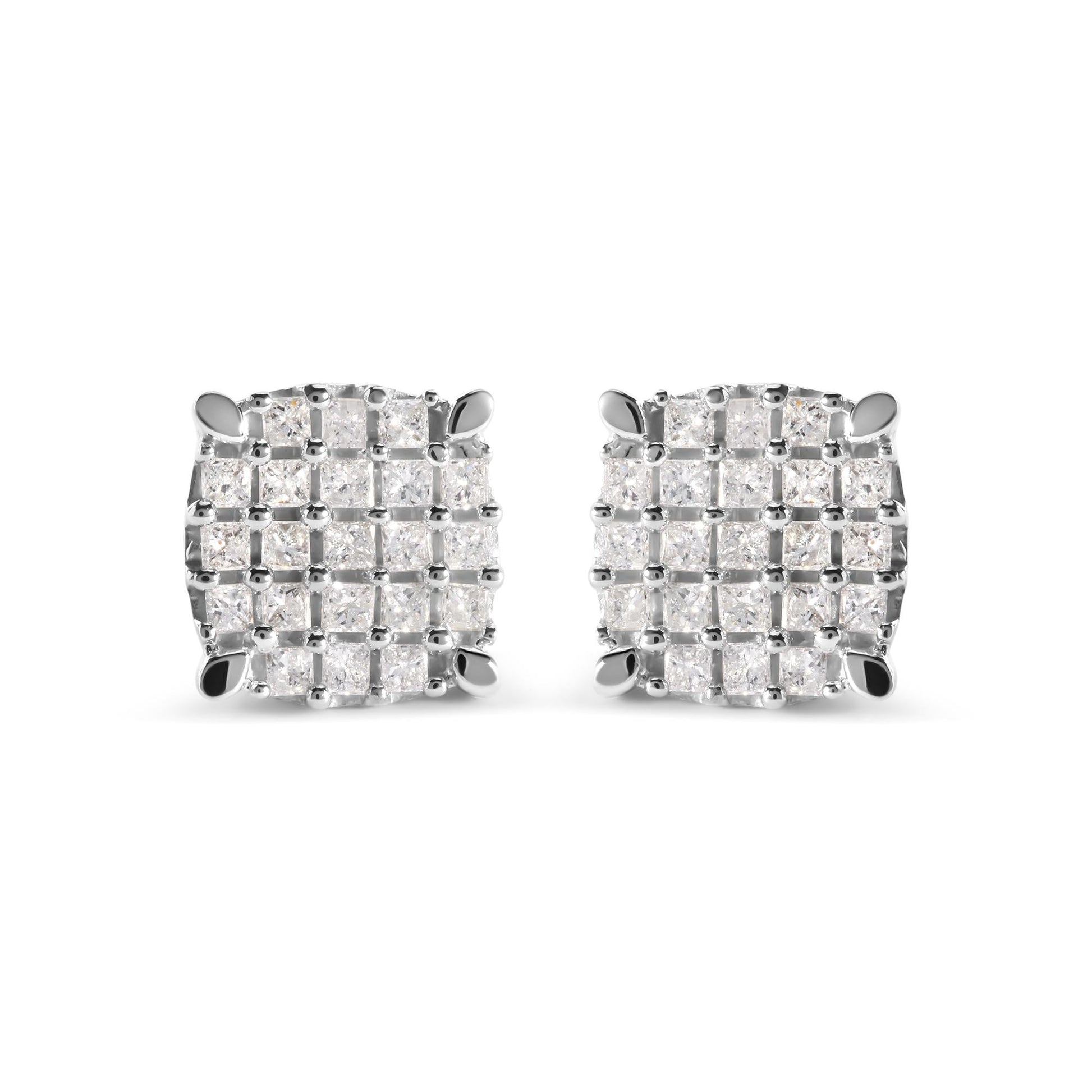 10K White Gold 3/4 Cttw Princess Diamond Composite Cushion Shape Stud Earrings