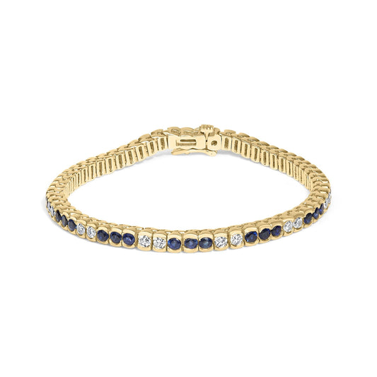 14K Yellow Gold 1 3/4 Cttw Diamond and 5.0 Cttw Blue Sapphire Bezel Set Tennis