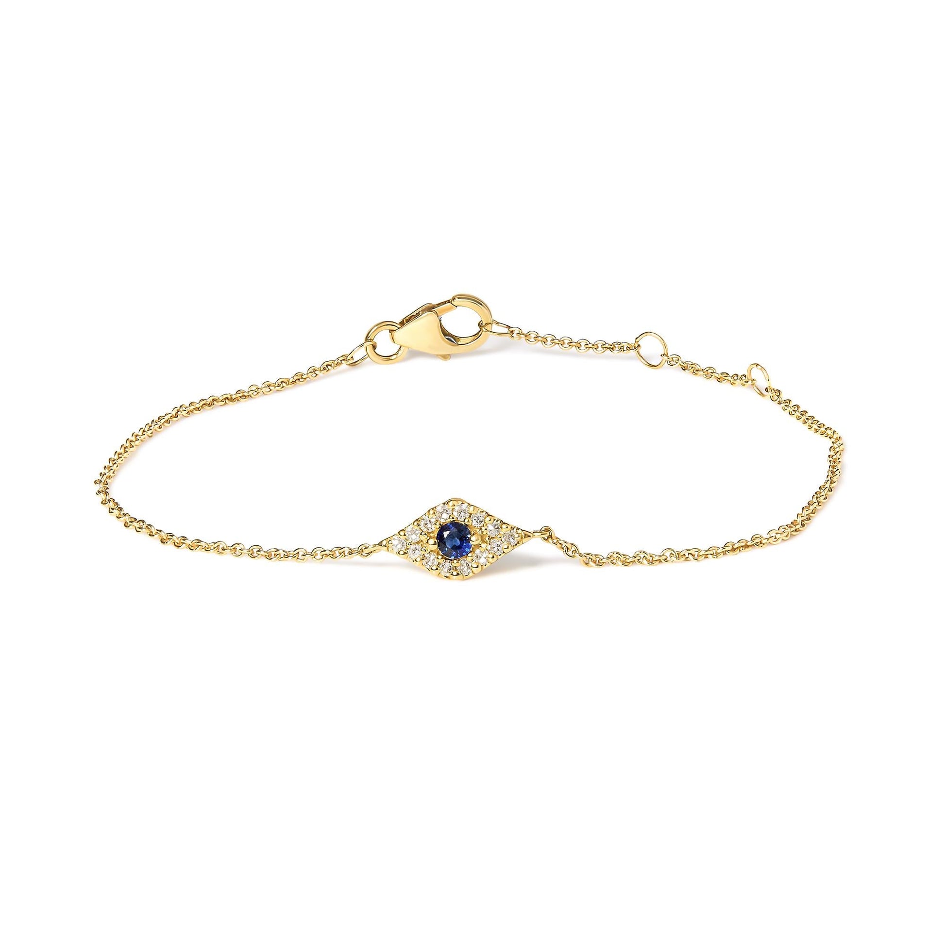 10K Yellow Gold Blue Sapphire and Diamond Accent Evil Eye Station Link Bracelet