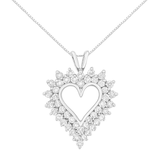 .925 Sterling Silver 3.00 Cttw Round Cut Diamond Cluster Heart 18’’ Pendant