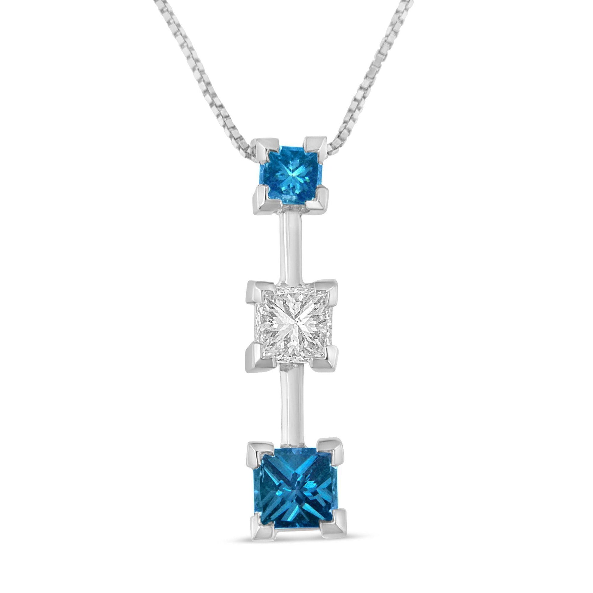 14K White Gold 7/8 cttw Treated Blue and White Princess Cut Diamond Pendant