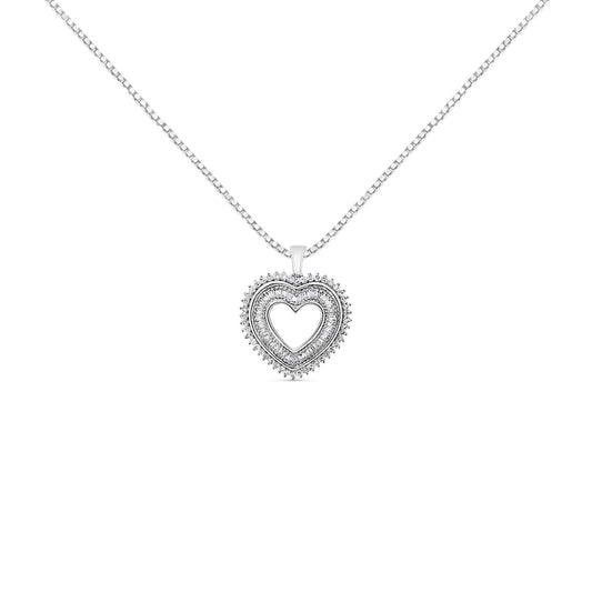 .925 Sterling Silver 1.0 Ctw Diamond Shadow Open Heart Halo 18’’ Pendant