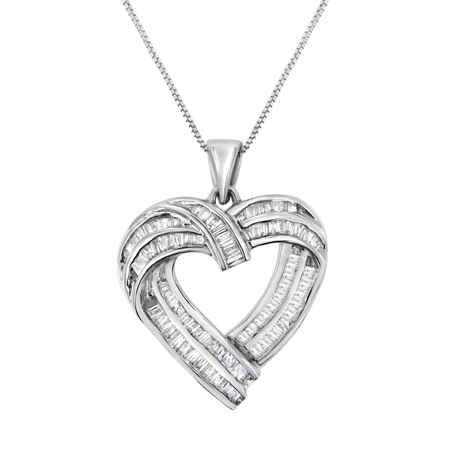 Sterling Silver 7/8 cttw Baguette Diamond Heart Pendant Necklace (I-J I2-I3)