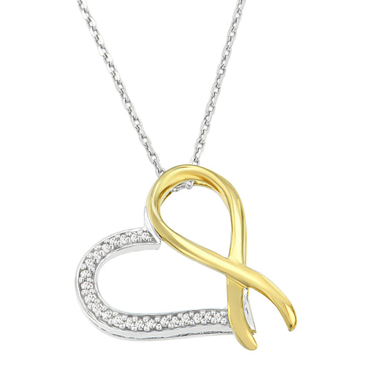 Two-Tone.925 Sterling Silver 1/10 cttw Round Cut Diamond Ribbon Heart Pendant