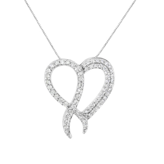 .925 Sterling Silver 1 cttw Diamond Heart and Ribbon 18’’ Pendant Necklace