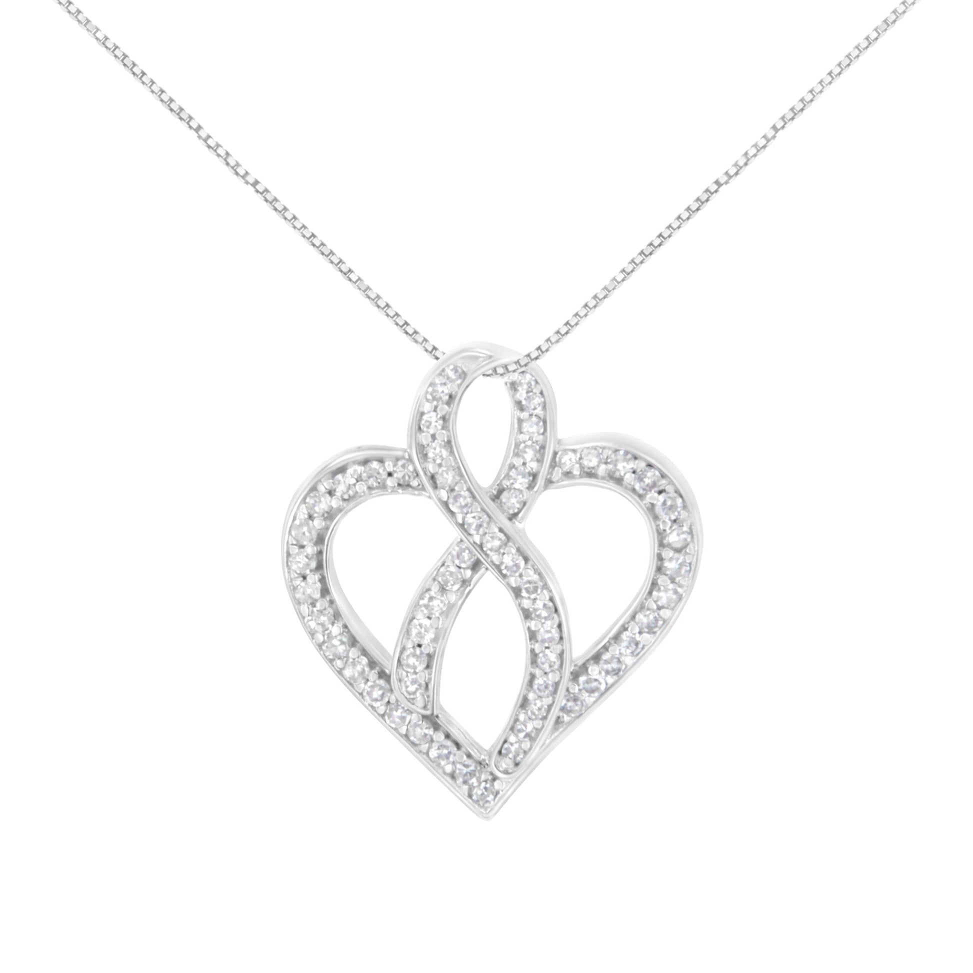 14K White Gold 1/4 cttw Round Cut Diamond Heart and Ribbon Center Pendant