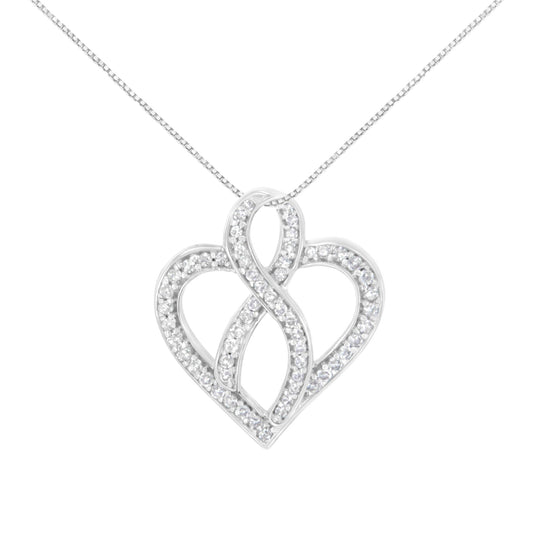 14K White Gold 1/4 cttw Round Cut Diamond Heart and Ribbon Center Pendant