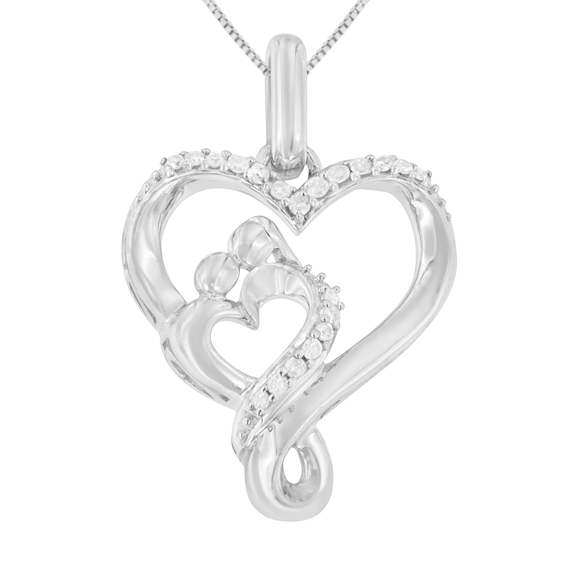 .925 Sterling Silver 1/10 cttw Diamond Mother & Child Double Open Heart