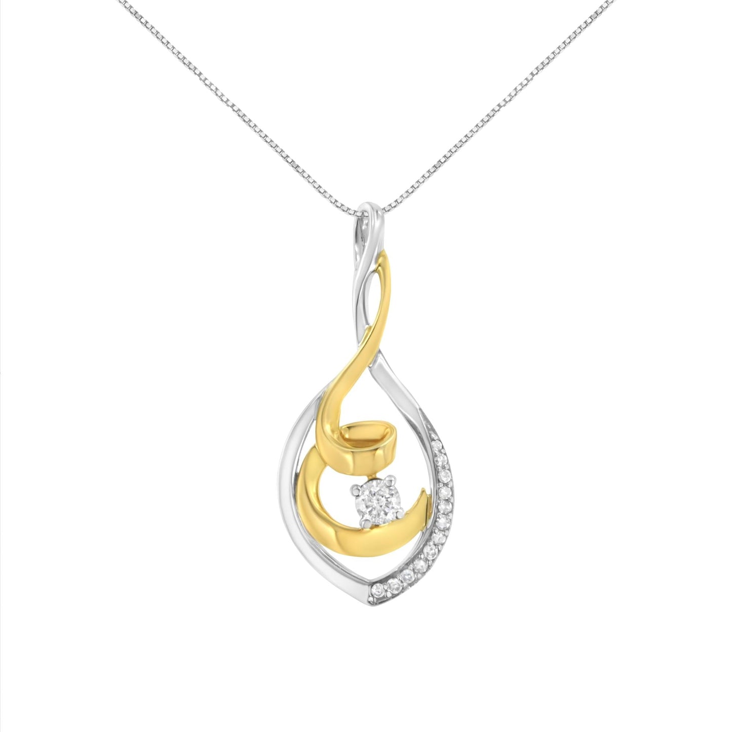 10K Two-Tone Yellow & White Gold 1/4 Cttw Brilliant-Cut Round Diamond Spiral Link 18" Pendant Necklace (I-J Color, I2-I3 Clarity)