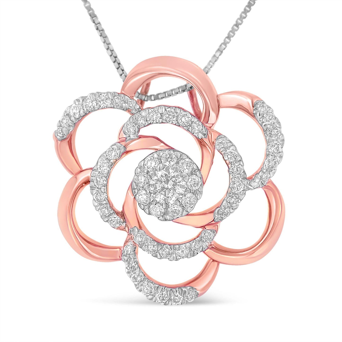 10K Rose Gold Plated Flower Accent Pendant Necklace with 1/2 cttw Round Cut