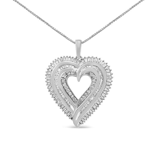 .925 Sterling Silver 1 1/2 Cttw Baguette Diamond Composite Heart 18’’ Inch