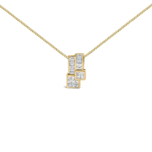 14K Yellow Gold 1 1/2 cttw Princess and Baguette Cut Diamond Geometric Pendant Necklace (H-I Color, VS1-VS2 Clarity)