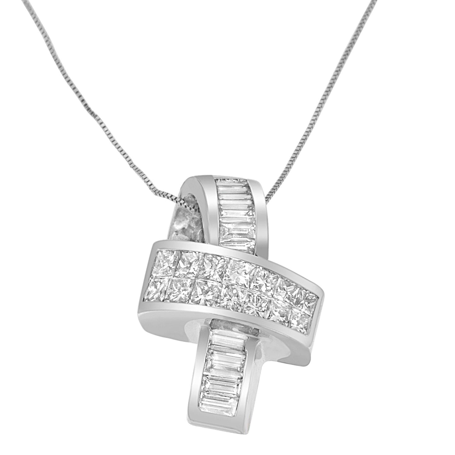 14K White Gold 2 cttw Princess and Baguette Cut Diamond Ribbon Pendant Necklace