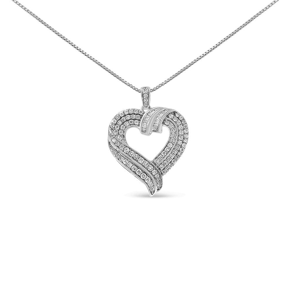 .925 Sterling Silver 1.00 Cttw Baguette Diamond Composite Open Heart 18’’