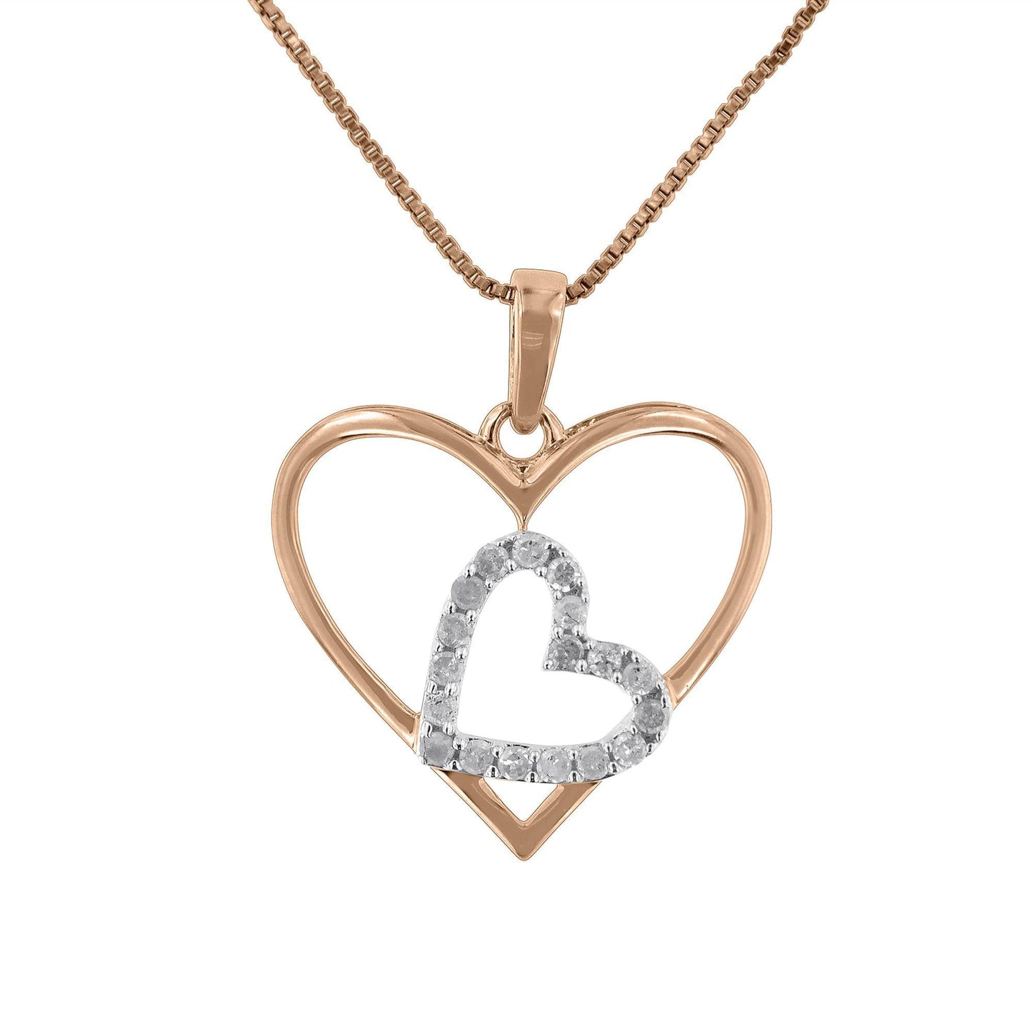 Two Tone.925 Sterling Silver 1/4 cttw Diamond Double Heart Pendant Necklace