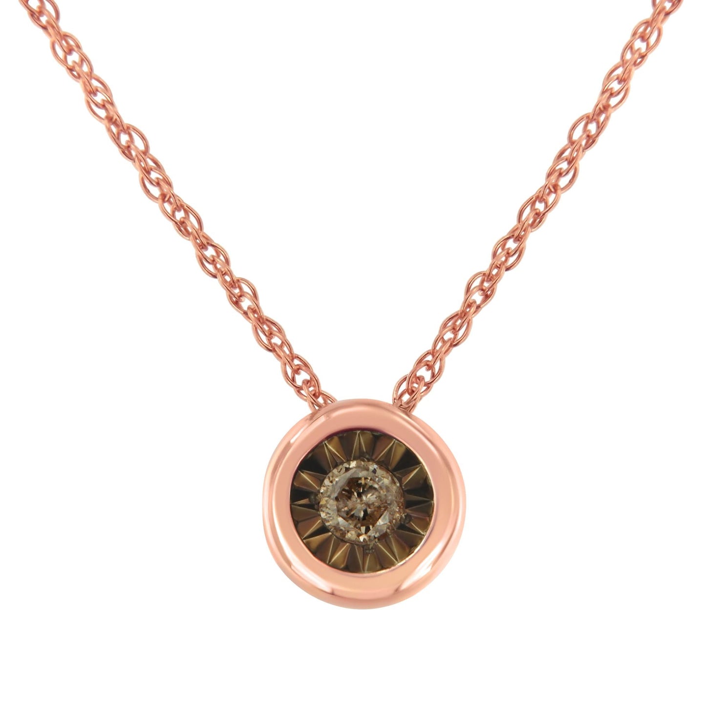 .925 Sterling Silver 1/10 Carat Diamond 18" Round Miracle-Plate Two-Tone Pendant Necklace (K-L Champagne Color, I2-I3 Clarity)