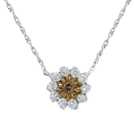 Brown Rhodium over .925 Sterling Silver 1/2 Cttw Diamond Miracle Plate Flower Cluster 18" Pendant Necklace (Champagne and I-J Color, I1-I2 Clarity)