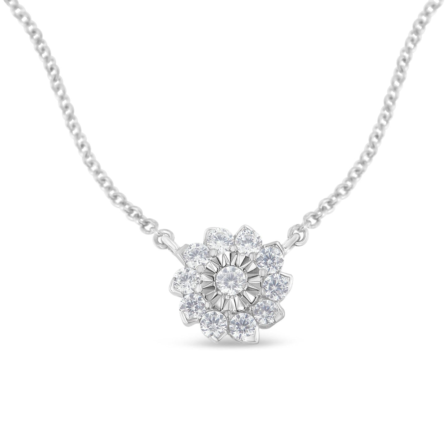 .925 Sterling Silver 1/2 Cttw Diamond Miracle Set Flower Cluster Pendant Necklace with Cable Chain (I-J Color, I1-I2 Clarity) - 18”