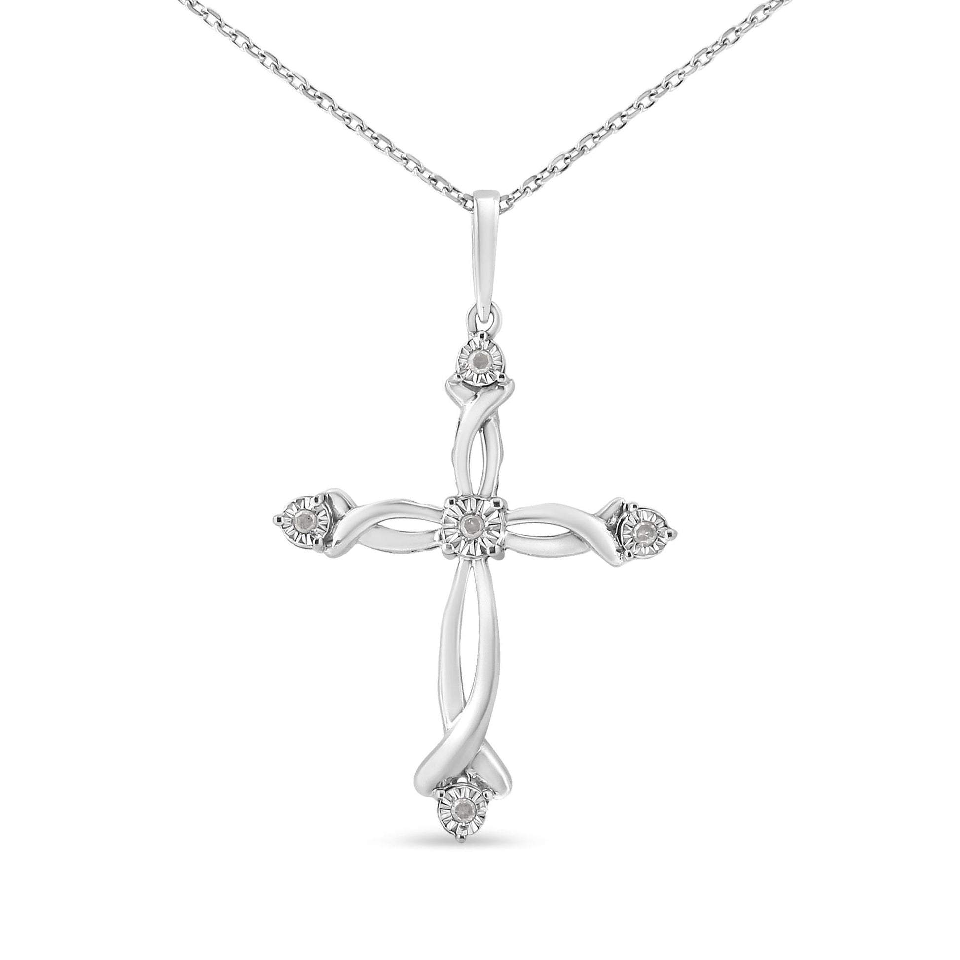 .925 Sterling Silver Round Cut Diamond Accent Cross Pendant Necklace (1/15 cttw