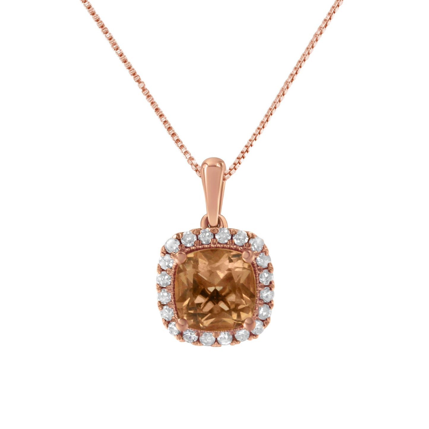 10K Rose Gold 1/4ct Diamond and 8MM Peach Morganite Gemstone Square Pendant