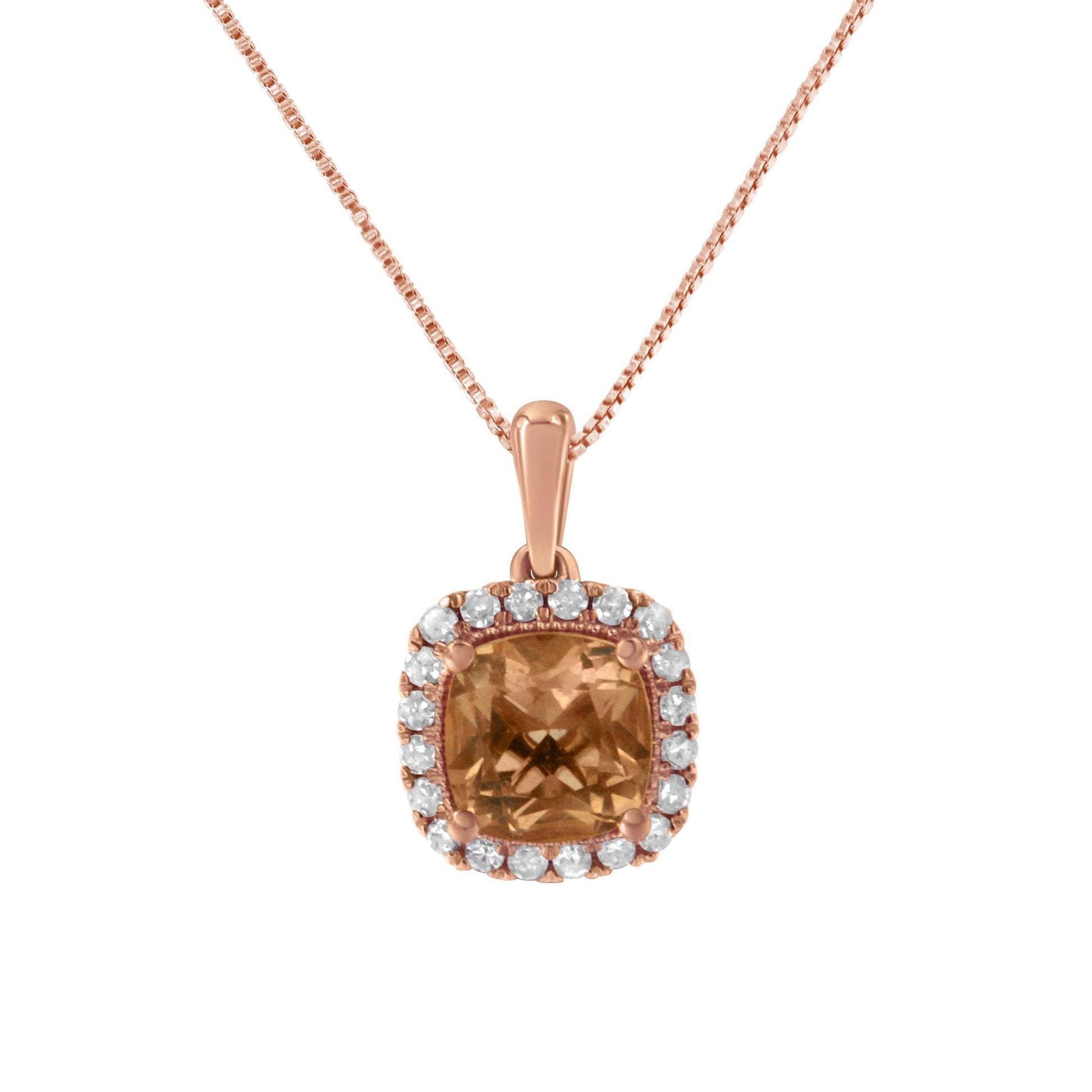 10K Rose Gold 1/4ct Diamond and 8MM Peach Morganite Gemstone Square Pendant