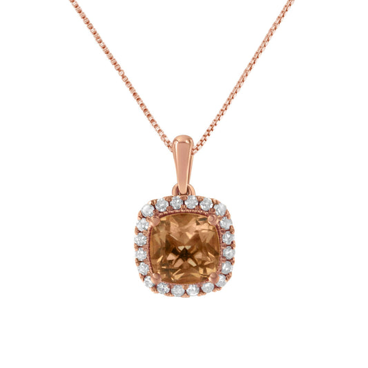 10K Rose Gold 1/4ct Diamond and 8MM Peach Morganite Gemstone Square Pendant