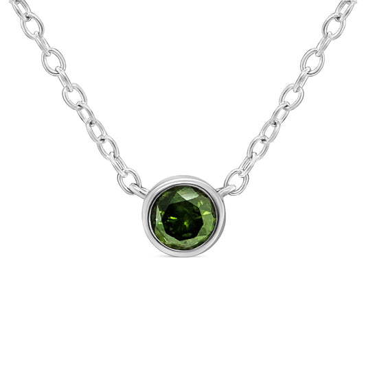 .925 Sterling Silver 1/5 Cttw Treated Green Diamond Solitaire Bezel 18" Pendant Necklace (Green Color, I1-I2 Clarity)