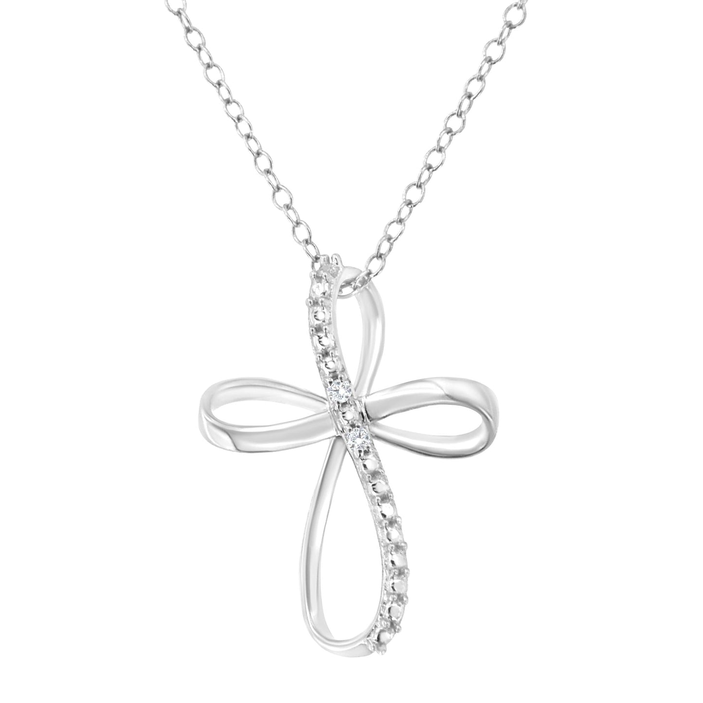 .925 Sterling Silver Diamond Accent Cross Ribbon 18’’ Pendant Necklace (I-J