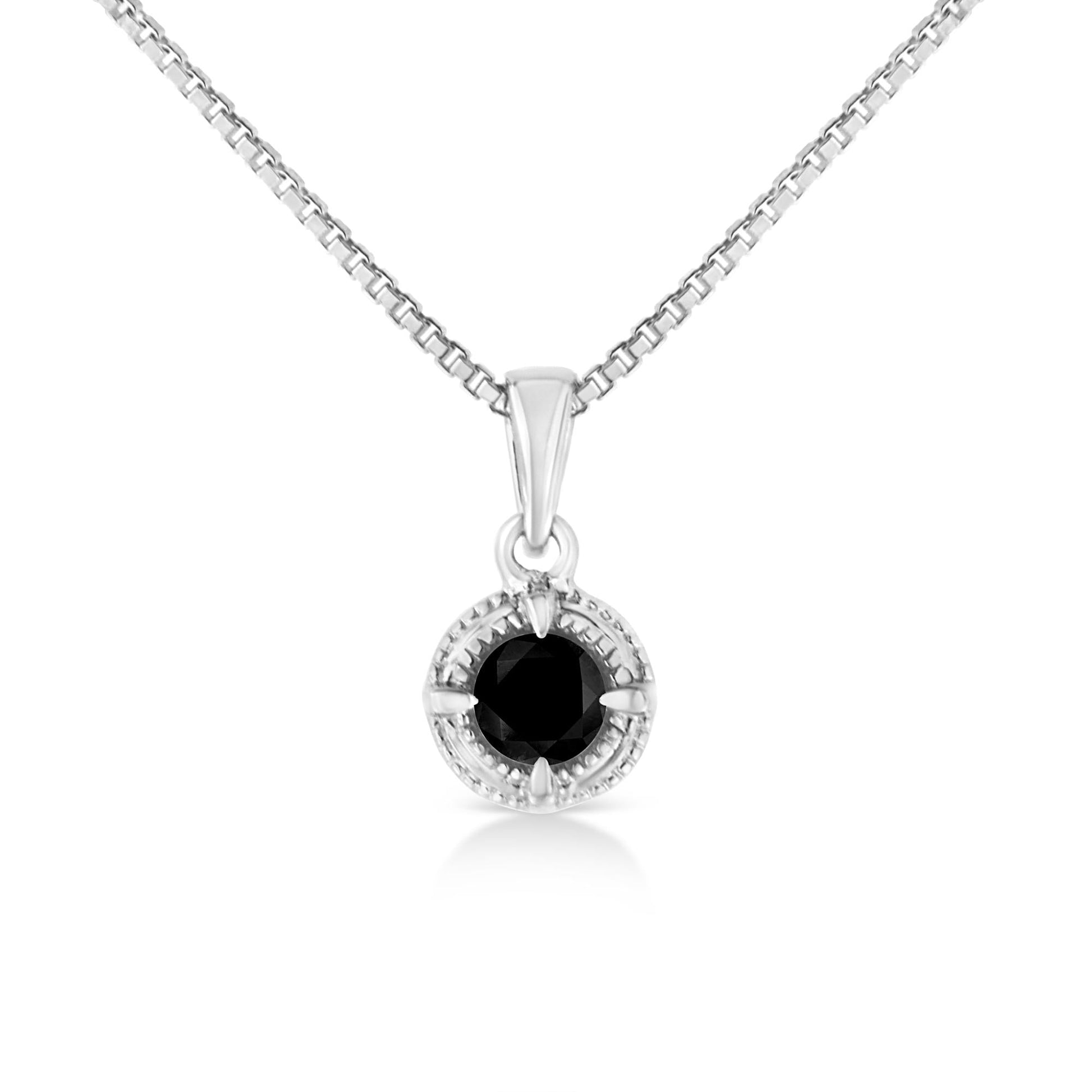 .925 Sterling Silver Treated Color Diamond Solitaire 18’’ Milgrain Pendant