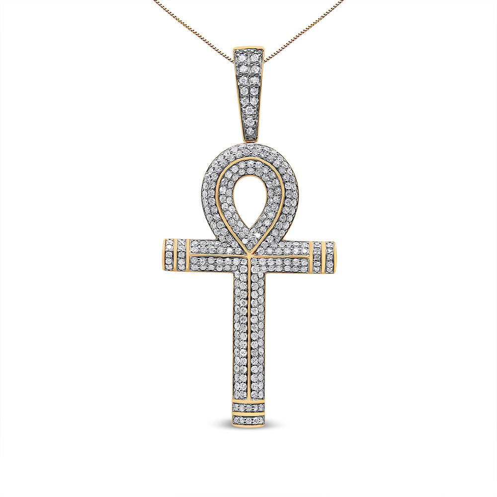 10K Yellow Gold 1 7/8 Cttw Round Diamond Ankh Cross Pendant Necklace for Men