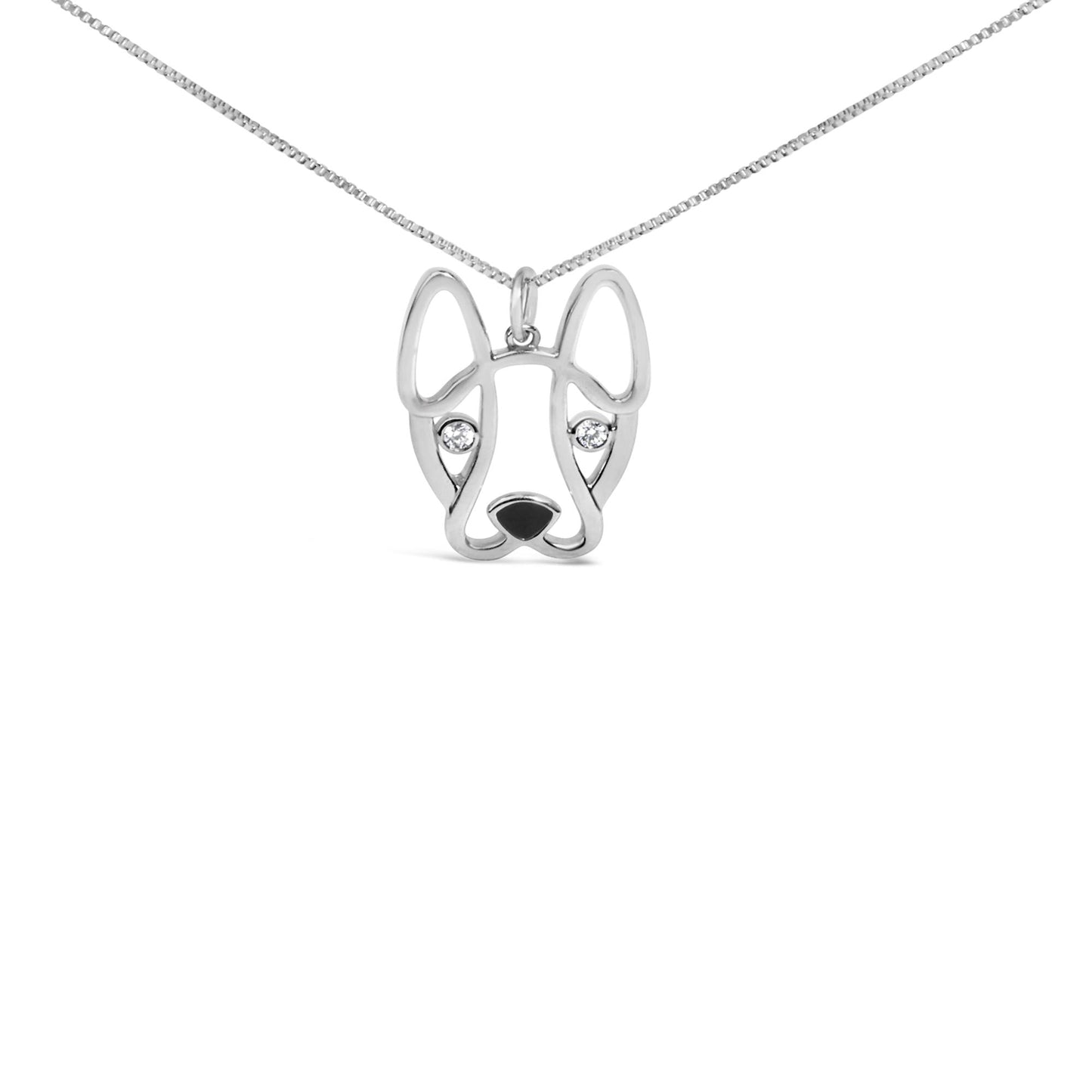 .925 Sterling Silver Diamond Accent and Black Enamel French Bullldog 18" Inch Pendant Necklace inch (I-J Color, I2-I3 Clarity)