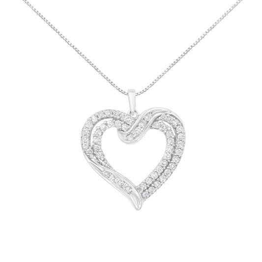 .925 Sterling Silver 1.00 Cttw Diamond Interwoven Double Heart 18’’ Pendant