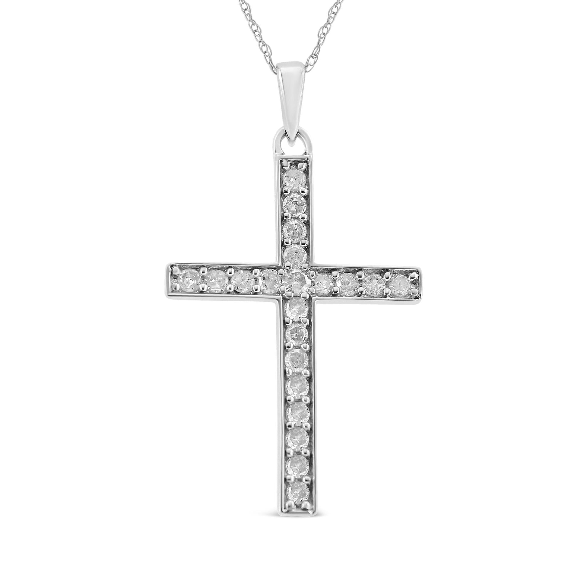 .925 Sterling Silver 3/8 Cttw Round-Cut Diamond Cross 18’’ Pendant Necklace