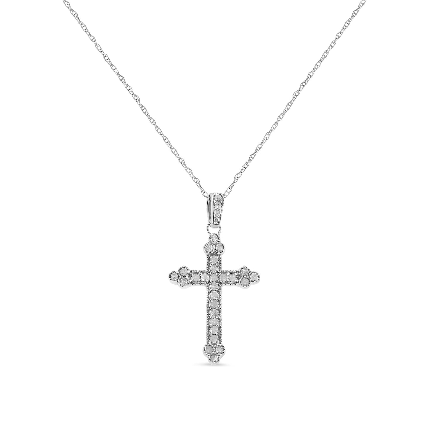 .925 Sterling Silver 1/4 Cttw Prong Set Round-Cut Diamond Cross 18’’