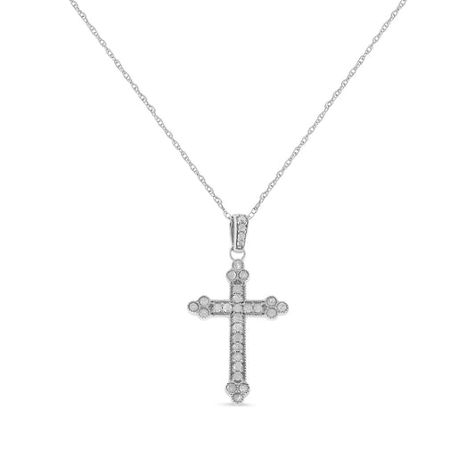 .925 Sterling Silver 1/4 Cttw Prong Set Round-Cut Diamond Cross 18’’