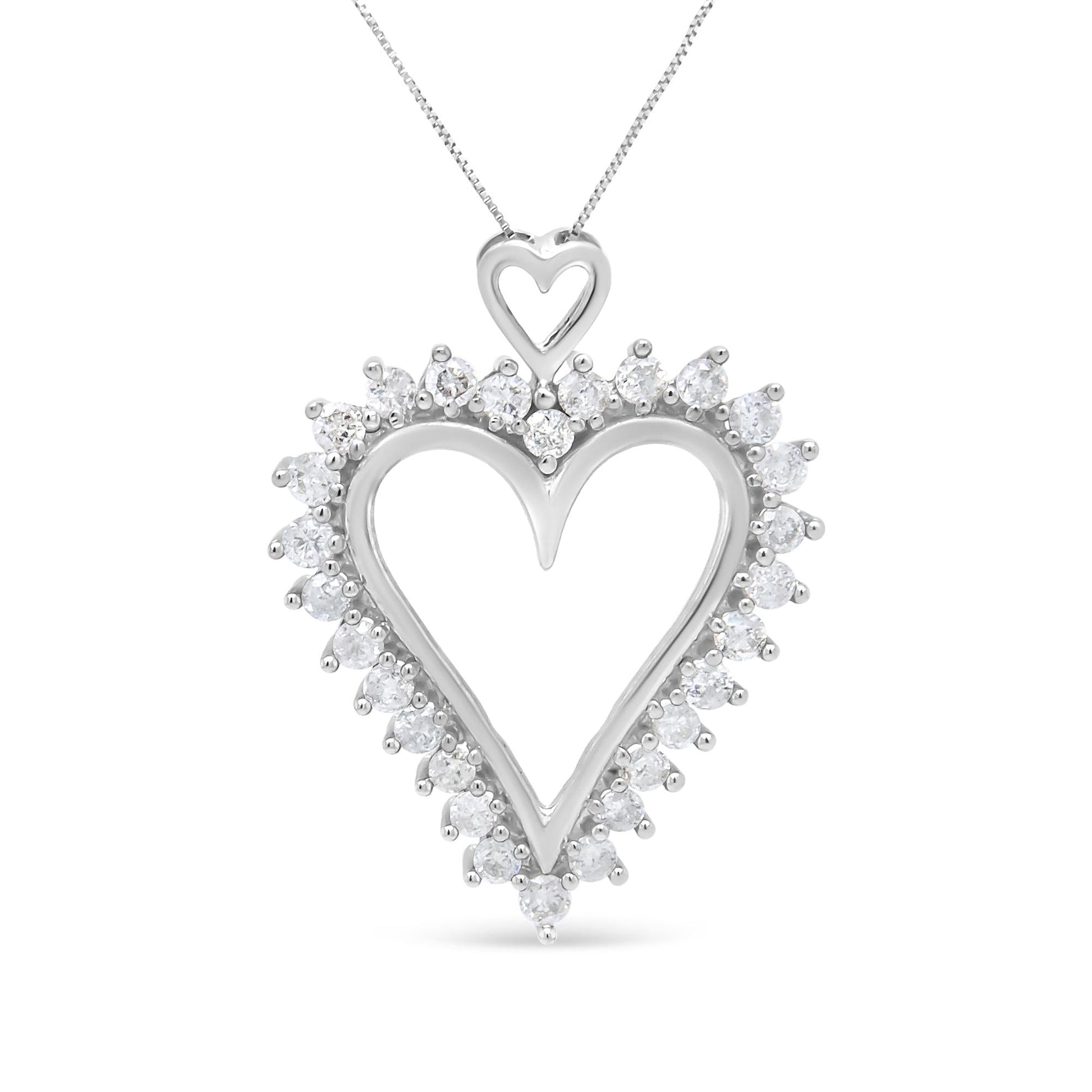 .925 Sterling Silver 1 3/4 Cttw Round Diamond Lined Open Heart Pendant 18’’