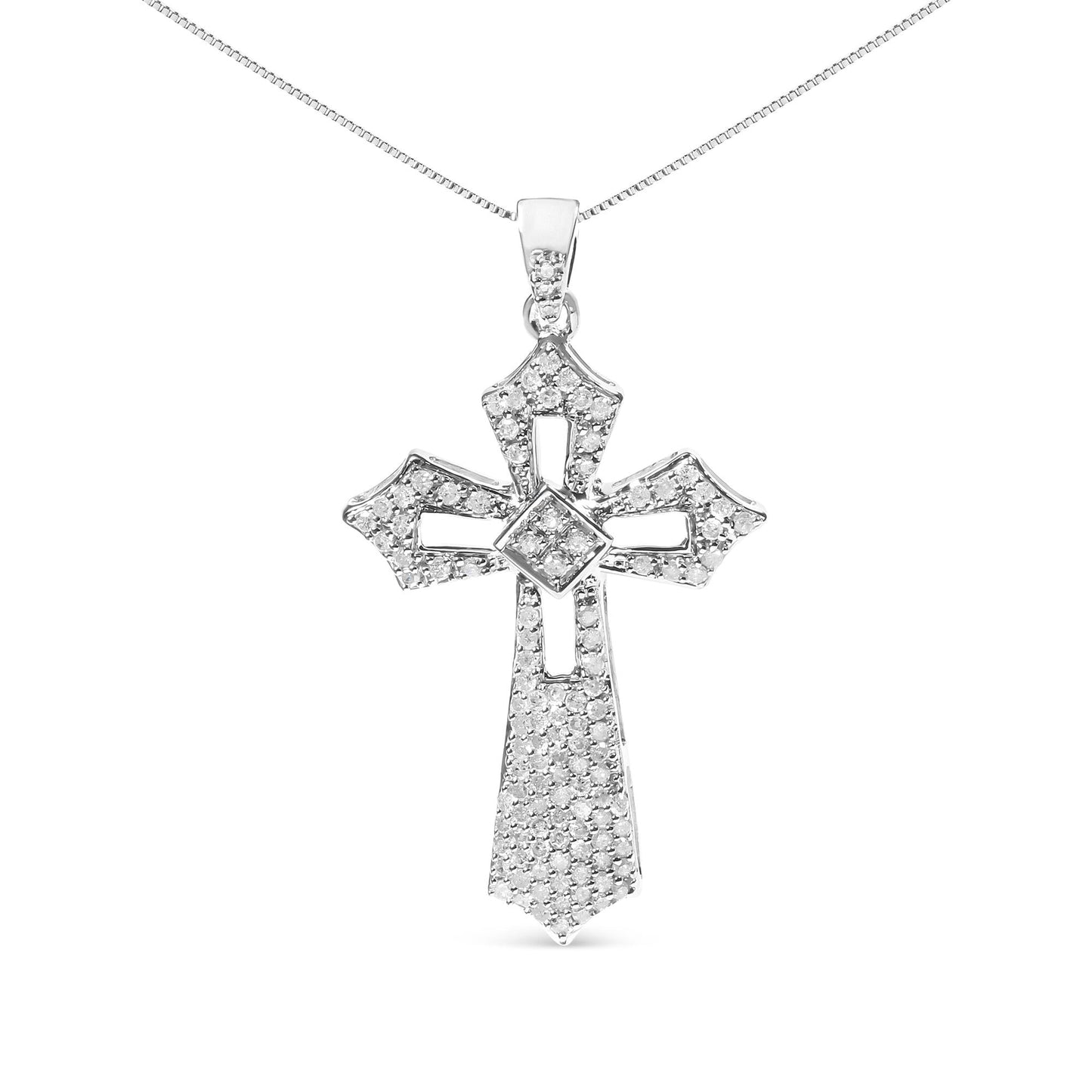 .925 Sterling Silver 1.00 Cttw Diamond Fleur De Lis Cross 18’’ Pendant