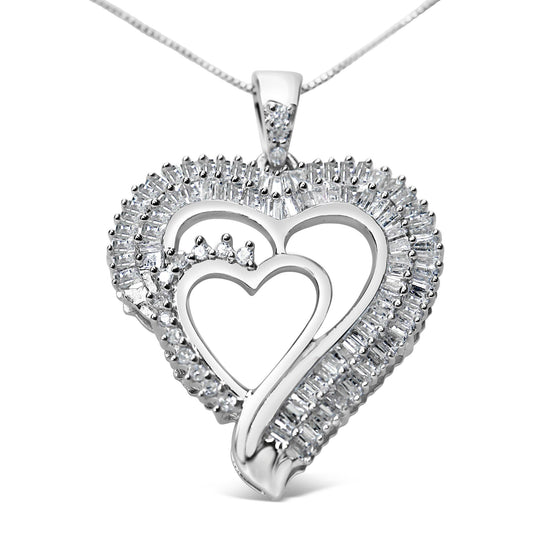 .925 Sterling Silver 3/4 Cttw Round and Baguette Diamond Double Heart Pendant