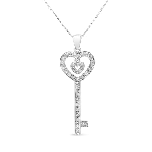 .925 Sterling Silver 1/5 Cttw Round-Cut Diamond Double Heart & Key 18’’