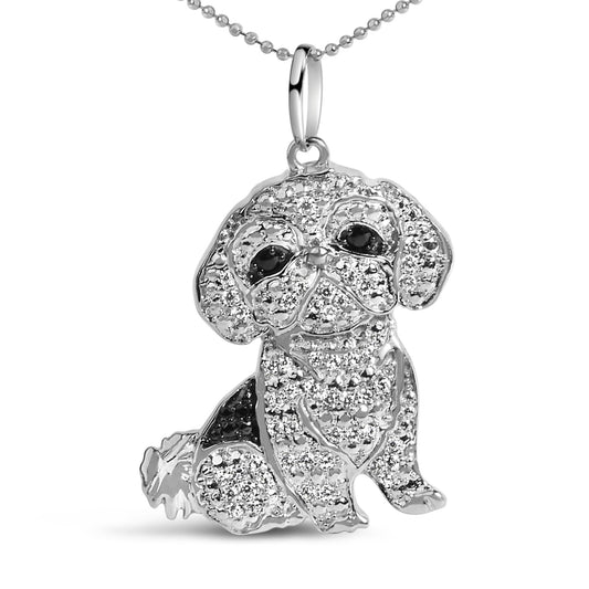 .925 Sterling Silver 1/2 Cttw White and Black Diamond Shih Tzu Dog 18" Pendant Necklace (I-J Color, I2-I3 Clarity)