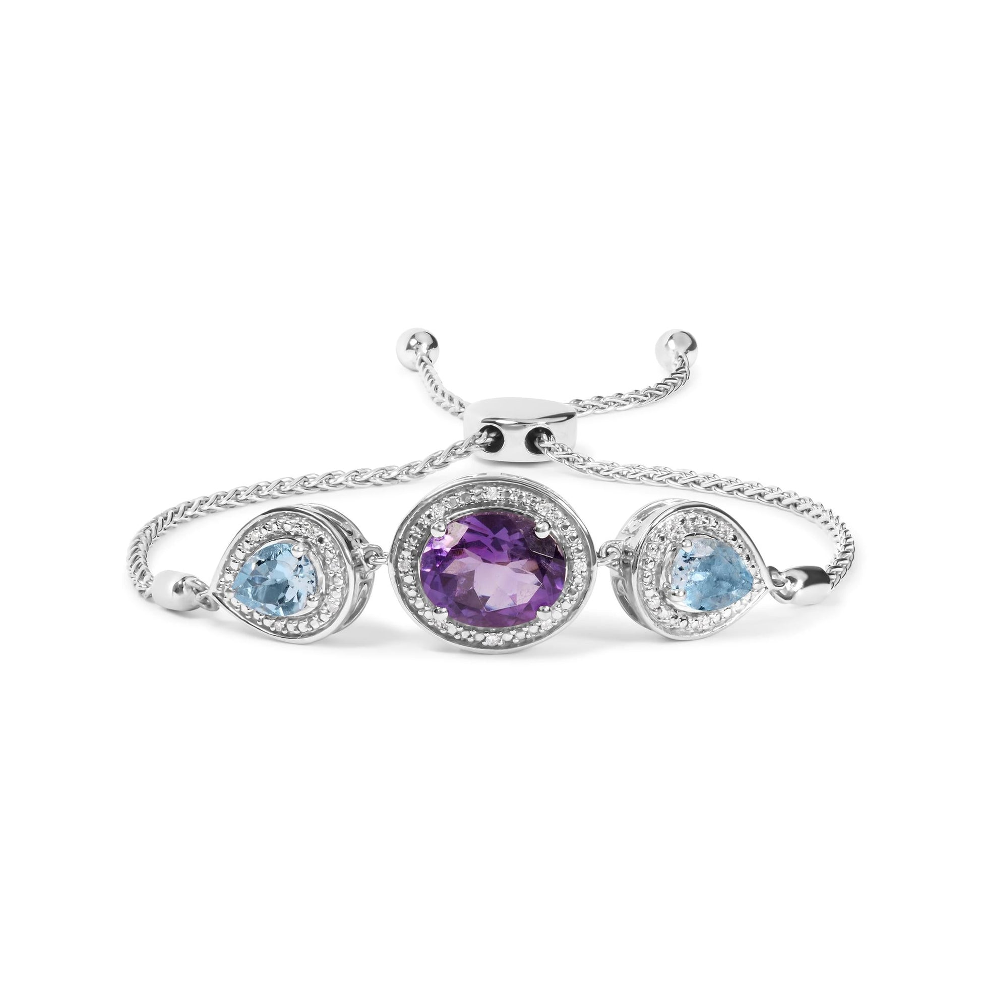 .925 Sterling Silver Oval Amethyst and Pear Blue Topaz with Diamond Accent