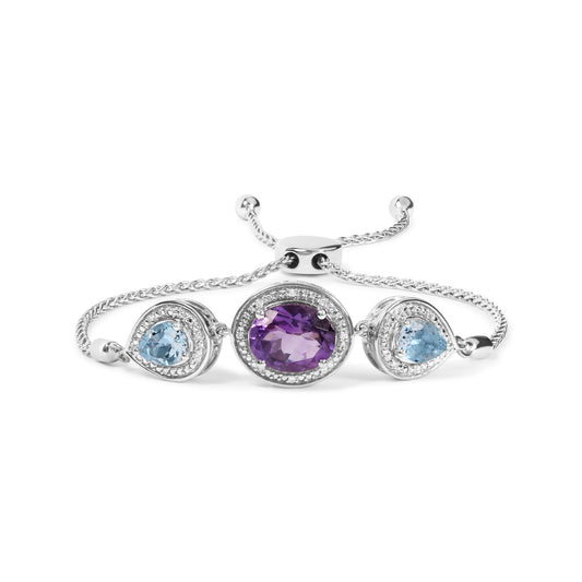 .925 Sterling Silver Oval Amethyst and Pear Blue Topaz with Diamond Accent