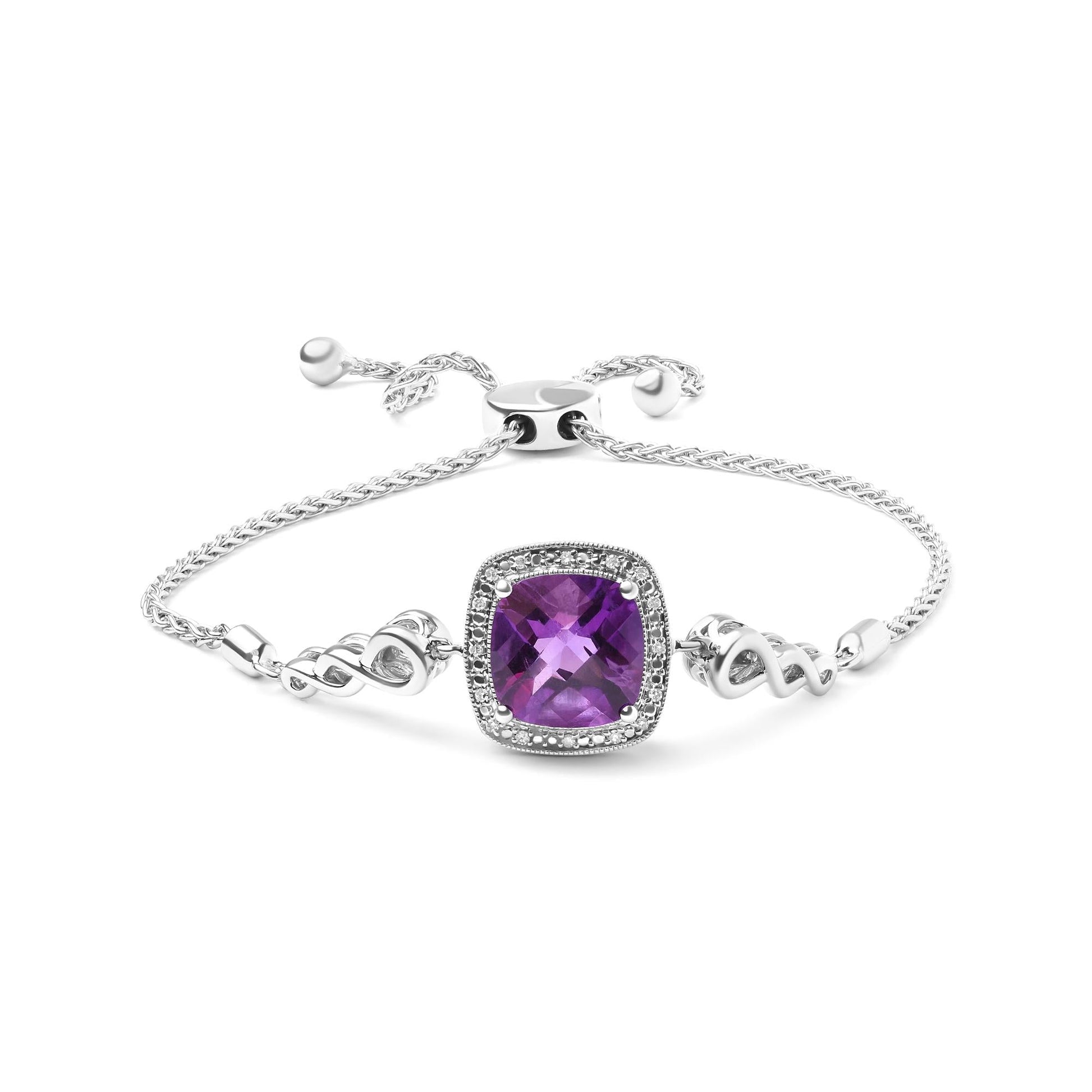 .925 Sterling Silver 10mm Cushion Cut Amethyst Gemstone and Diamond Accent