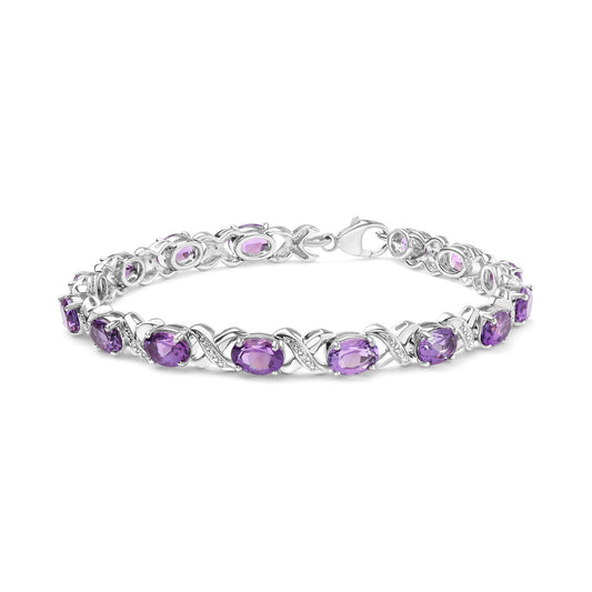 .925 Sterling Silver 7x5mm Oval Amethyst and Diamond Accent X-Link Bracelet